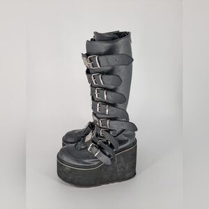 DEMONIA Swing-815 Knee High Platform Wedge Boots Womens 11 Buckle Faux Leather